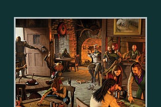 The cover of an RPG module with an image of the inside of a fantasy tavern bustling with adventurers.