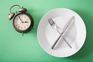 Clock with empty plate, knife and fork.