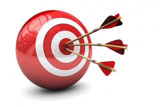 A red ball with 2 white concentric circles shows 3 arrow darts hitting the bullseye.