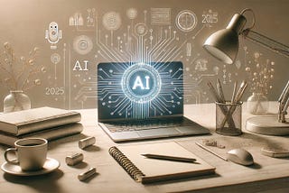 An artistic minimalist illustration depicting the integration of AI into creative writing processes. The scene features a clean desk setup with a glowing laptop emitting a soft digital light, symbolizing AI. Surrounding the laptop are faint outlines of creative tools such as a pen, notebook, and books, seamlessly blended with digital elements like binary code and circuit patterns. The muted background emphasizes simplicity and focus, evoking a sense of innovation and inspiration in the modern cr