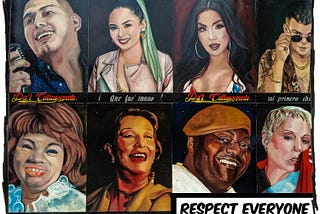 A photo of a street painting that offers portraits of a diverse group of people. The caption at the bottom reads, “Respect Everyone.”