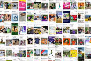 Screenshots of hundreds of Facebook adverts from different charities for virtual challenges in 2022