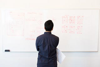 Designer standing at a whiteboard thinking about how a flow is going to work within an app