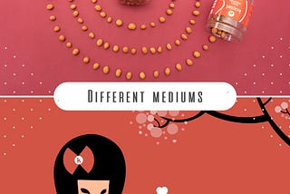 Above, a photo of individual peanuts arranged around a full peanut container set against a purple/pink background. Below, an illustration depicts a small heart floating between a Japanese girl and a peanut set against a red/pink background, between the two, text reads: DIFFERENT MEDIUMS.