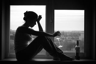 Image of a young woman holding a wine glass and appearing to be drinking all by herself