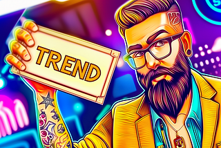 Spot the Next Big Crypto Trend and Make Millions with My “TREND” Strategy Learn How the TREND Strategy Can Discover Your Next Golden Crypto Opportunity, AI image created on midjourney v6 by henrique centieiro and bee lee, a man with tattoo and beard and glasses, holding a big sign with big bold words “TREND”