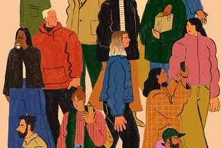 Illustration of people from all walks of life -different ages, cultures, races and stages-  in a crowd going about their day.
