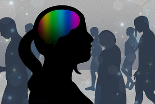 A silhouette of a person with a rainbow brain in a room full of people.