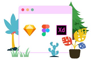 An illustration of Sketch, Figma, and Adobe XD logo inside of a browser window.