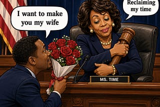 A funny cartoon photo featuring Maxine Waters. A would-be suitor is saying he wants to make her his wife. She is holding the gavel and saying, “Reclaiming my time.”