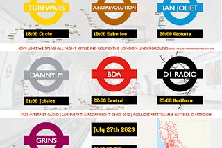 Poster advertising an evening of radio shows to mark the 11th birthday of The Thursday Night Show. Each set is themed around a particular line on the London Underground, with each listing on the poster being depicted in a circular form inspired by the specific tube line.