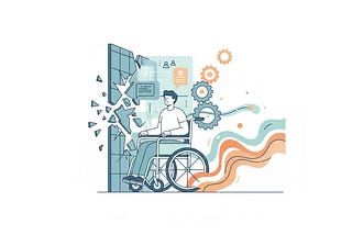 Illustration of a person using a wheelchair moving through a wall that is breaking apart, with gears, forms, and digital icons behind them representing disability systems and administrative processes.