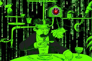A Rube Goldberg drawing of a man using an elaborate automatic napkin, a contraption that integrates a wall-clock, a parrot, a pop-up toaster and other contrivances. The background has been replaced with the ‘code waterfall’ effect seen in the credits of the Wachowskis’ ‘Matrix’ movie. The fact of the wall-clock has been replaced with the staring eye of HAL 9000 from Kubrick’s ‘2001: A Space Odyssey.’ Image: Cryteria (modified) https://commons.wikimedia.org/wiki/File:HAL9000.svg CC BY 3.0 http