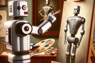 A 1950s style robot with a rectangular torso uses a paintbrush and artist’s palette to paint a portrait of another retro-futurist robot. (Generated by DALL-E)