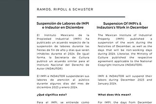 Suspensión de Labores de IMPI e Indautor en Diciembre | Suspension Of IMPI’s & Indautors’s Work in…