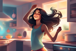 Illustration of a teenage girl dancing in a kitchen