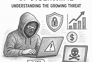 Black and white pencil sketch of a masked cybercriminal using a laptop surrounded by symbols of cyber threats and data breaches.