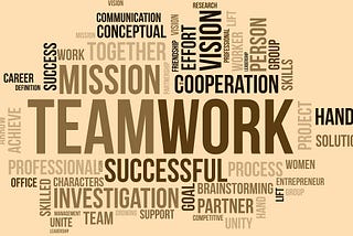 Wordcloud with “Teamwork” in the center other words include successful, mission, partner, cooperation, communication, effort, vision, brainstorming, and unity