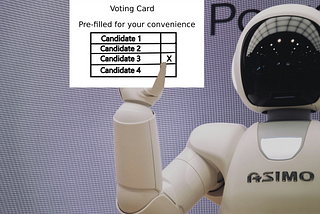 A robot holding up a pre-filled voting card