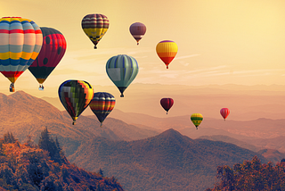 Colorful hot air balloons over hills