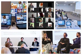 A collage of photographs of Wikimedia affiliates celebrating Public Domain Day 2025