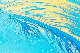 Abstract painting with yellow and blue swooping to the right