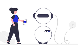 woman with phone stands in front of a robot with AI