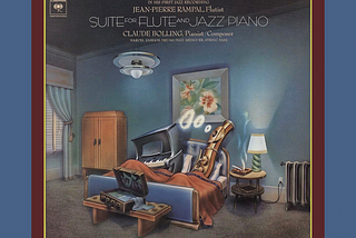 Album cover for Claude Bolling’s “Suite for Flute and Jazz Piano” showing a flute blowing smoke rings from a cigarette while lying in bed with an exhausted piano.