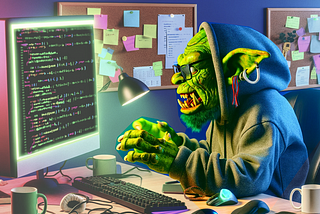 Goblin programmer at a computer desk.