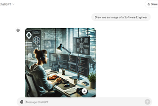 An image of interaction with the chatGPT AI model. The prompt reads ‘Draw me an image of a software Engineer’. The AI has created an image of a man in a hoody with long hair in a bun wearing noise-cancelling headphones as he codes on 4 screens at the same time.