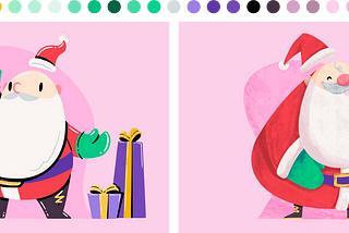 2 Illustrations of Santa with row of color palette