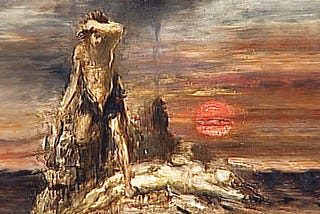 On top of a hill Cain is standing above his dead brother Abel. The sun is shining low and red in the background