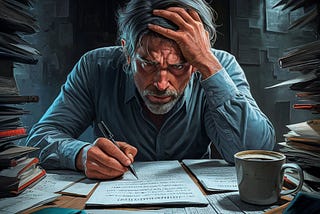 A image of a man facing right angle with a stressed expression, focused intently on his writing task. He is surrounded by papers, books, and a
 
 cup of cold coffee, with a pen held tightly in his hand. The desk is cluttered with various items, reflecting his disheveled state and the urgency of his task. The background is dimly lit, creating an atmosphere of tension and pressure.