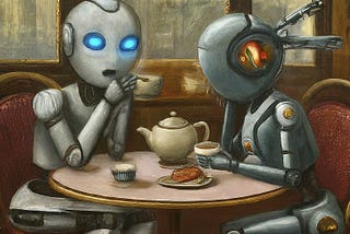Robots talking while drinking tea on a cafe