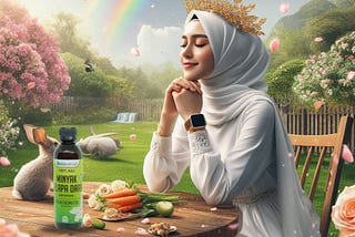 Muslim woman at table with VCO bottle & rainbow