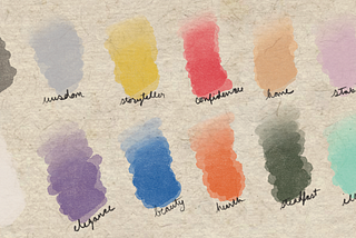 Swatches of twelve watercolor paints on parchment paper