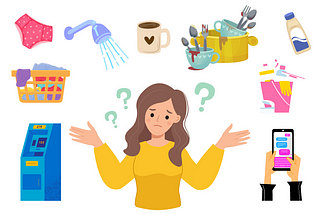 The image features a central illustration of a person looking confused and surrounded by various household and daily life items. These items include a face mask, a showerhead, a coffee mug, a sink full of dishes with a dishwashing brush, a bottle of milk, a laundry basket with a single piece of clothing, a dirty ATM machine, cleaning supplies including a sponge and spray bottle, and a smartphone displaying a chat conversation.