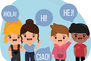 Cartoon illustration of four happy people each saying hello: Hola, Hi, Ciao, Hej!