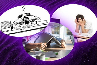 Three stock photos of men slumped over their desks.