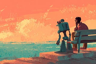 A person and their robot companion watch a colorful sunset over the ocean from a bench.