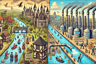 Split-screen illustration comparing water resource control by nobles in medieval times and by corporations in modern times, showing restricted access and high costs in both eras.