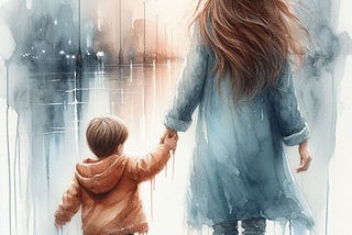 A child holding his mother’s hand in the rain.