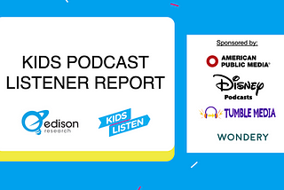 Kids Podcast Listener Report featuring the logos of Edison Research and Kids Listen below the title. Sponsors listed by logo: American Public Media, Disney Podcasts, Tumble Media, and Wondery.