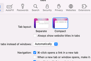 Safari 16 settings on macOS, going to Safari then “Preferences”, then “Tabs”. This reveals settings called “Tab Layout” with two options: Separate and Compact. In order to display the “theme-colour” meta tag, this has to be updated to “Compact”
