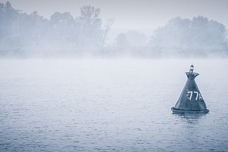 A foggy view of the Dnipro river with a navigation buoy in the foreground and a misty view of the far bank in the distance.