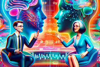 Animated figures of Ada and Turing in a lively debate about neurotechnology in a colorful, futuristic digital landscape with stylized neural data and brain scan imagery.