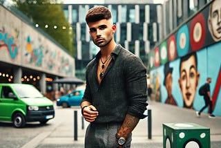 A young handsome man with high fade haircut, dressed with shirt and pants, wearing jewellery, street background