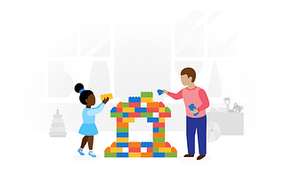 Illustration of two children building with LEGO bricks.