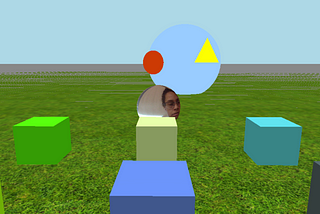 Virtual field with a grass floor and 4 cubes. a face s in the middle of the field.