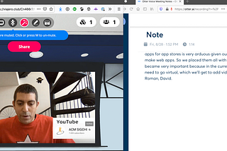 Left: Mozilla Hubs playing a video. Right: Otter.ai transcribing the Hubs room.